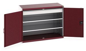 40022083.** Bott cubio kitted cupboard with lockable steel perfo lined doors 1300mm wide x 650mm deep x 1000mm high.  Supplied with 1 x 125mm high drawer and 2 x metal shelves.   Drawer capacity 75kgs, shelf capacity 160kgs. ...